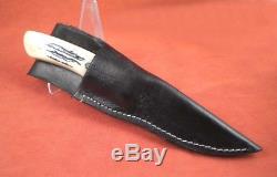 Custom Hunting Knife made by Hal Solum Bone stag Handle Leather Scabbard Knives