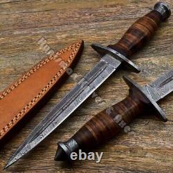 Custom Made 14'' Fairbairn Sykes Leather Staked Dagger with Hand Forged Damascus