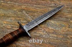 Custom Made 14'' Fairbairn Sykes Leather Staked Dagger with Hand Forged Damascus