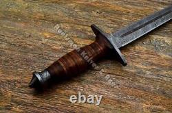 Custom Made 14'' Fairbairn Sykes Leather Staked Dagger with Hand Forged Damascus