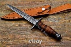 Custom Made 14'' Fairbairn Sykes Leather Staked Dagger with Hand Forged Damascus