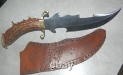 Custom stainless steel blade knife with crown stag handle, leather sheath