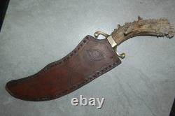 Custom stainless steel blade knife with crown stag handle, leather sheath