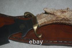 Custom stainless steel blade knife with crown stag handle, leather sheath