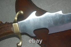 Custom stainless steel blade knife with crown stag handle, leather sheath