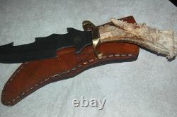 Custom stainless steel blade knife with crown stag handle, leather sheath