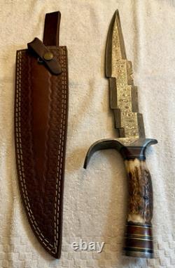 Damascus Steel Hunting Knife Clip Point Full Tang Stag Handle with Sheath
