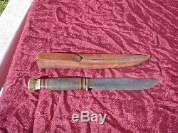 EARLY VINTAGE STAG ON LEATHER MARBLES GLADSTONE HUNTING KNIFE With LEATHER SHEATH