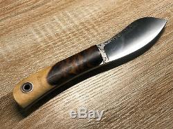 Fiddleback Forge By Andy Roy Burl Wood /W Blue Liner 7.5 Hunting Knife