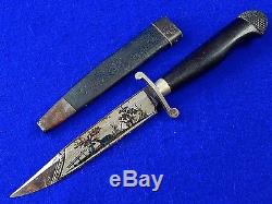 German Germany Antique 19 Century Hunting Engraved Blued Blade Knife with Scabbard