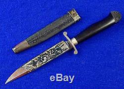 German Germany Antique 19 Century Hunting Engraved Blued Blade Knife with Scabbard