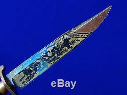 German Germany Antique 19 Century Hunting Engraved Blued Blade Knife with Scabbard