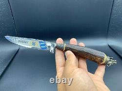 German Solingen Rostfrei Bayern Etched Hunting Knife Stag Handle Lion Headed