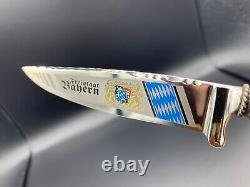 German Solingen Rostfrei Bayern Etched Hunting Knife Stag Handle Lion Headed