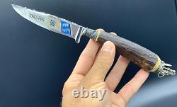 German Solingen Rostfrei Bayern Etched Hunting Knife Stag Handle Lion Headed