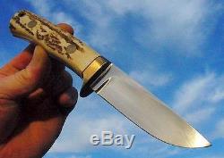 Hand Made Wally Bidgood Hunting Knife & Leather Belt Sheath-antler Grip-7 3/4