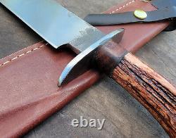 Handmade 5160 Tool Steel Hunting Bowie Knife With Antler Handle & Leather Sheath