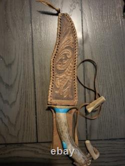 Handmade STAG HANDLE KNIFE TURQUOISE Sheath 9 which holder READ
