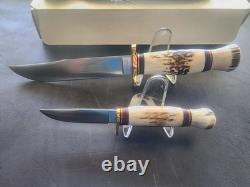 Hess Knives 2-Piece Matched Hunting Fixed Blade Set Stag Handle Sheath 1979-84