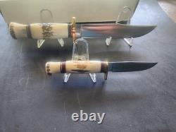 Hess Knives 2-Piece Matched Hunting Fixed Blade Set Stag Handle Sheath 1979-84