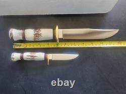 Hess Knives 2-Piece Matched Hunting Fixed Blade Set Stag Handle Sheath 1979-84
