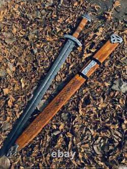 Historical Viking-Style Damascus Sword Handmade, Outdoor & Collection Use