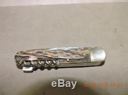 Hubertus 5 Blade German Rare Lockback Stag Multi Tool Knife Saw Corkscrew Hook