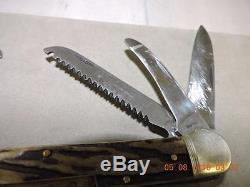 Hubertus 5 Blade German Rare Lockback Stag Multi Tool Knife Saw Corkscrew Hook