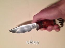 JAY HENDRICKSON Clip Point Hunting Knife Tiger Maple Silver Inlay Leather Sheath