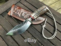 James Behring Large Skinning Knife. Beautiful Stag, nickel silver, Mosher sheath