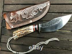 James Behring Large Skinning Knife. Beautiful Stag, nickel silver, Mosher sheath
