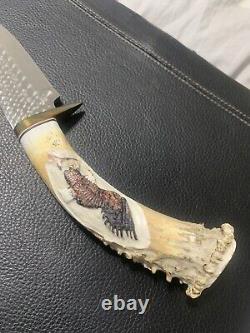 Ken Richardson Custom Handmaid Knife WithCarved Eagle Antler Handle&Leather Sheath