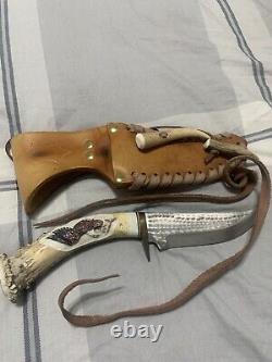 Ken Richardson Custom Handmaid Knife WithCarved Eagle Antler Handle&Leather Sheath