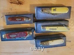Lot Of 5 Vintage Collectible Roughrider Fixed Blade Knife Brown & White Handles