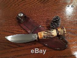 MARBLES Gladstone, MICH. VINTAGE STAG HUNTING KNIFE FOUR BRASS PINS with SHEATH