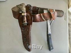 Marbles vintage stag handle hunting knife and hatchet with leather holster