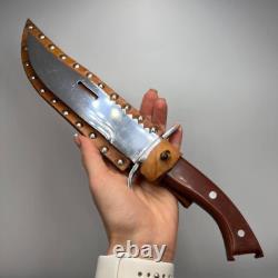 Massive Vintage Fixed Stainless Steel Blade Hunting Knife with Leather Sheath