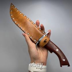 Massive Vintage Fixed Stainless Steel Blade Hunting Knife with Leather Sheath