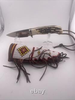 Michael Miller Custom Stag Knife With Fantastic Beaded Native American Sheath