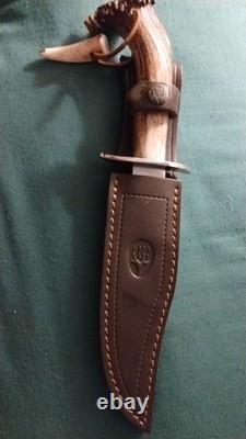 Muela Cazorla Fixed Bowie Knife with Crown Stag Handle and Belt Sheath