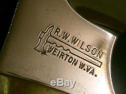 NM VINTAGE RW WILSON TOMAHAWK WV HUNTING KNIFE 44 AUTO MAG WILD BOAR SCRIMSHAW