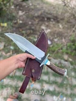 New Custom made 5160 Steel Hunting Bowie Survival Knife, Stag Horn Handle