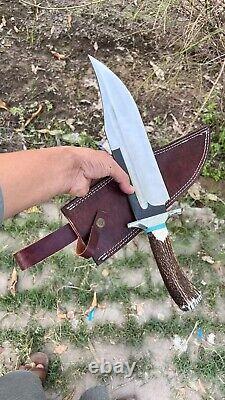 New Custom made 5160 Steel Hunting Bowie Survival Knife, Stag Horn Handle