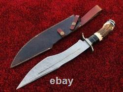 New Custom made Damascus Steel Hunting Bowie Survival Knife, Stag & Horn Handle