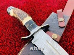 New Custom made Damascus Steel Hunting Bowie Survival Knife, Stag & Horn Handle