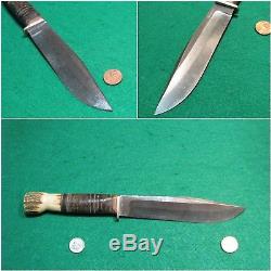 No Vtg Sheath 1950 Hunt 6 Blade USA MORSETH Knife Stag BUTT Leather Handle case