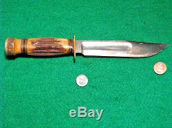 No Vtg Sheath Hunt WW2 Blade USA MARBLES STAG Ideal Knife #1 Orig STAG BUTT Case
