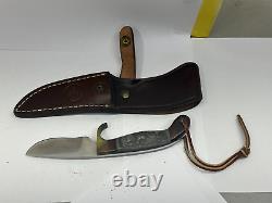 OLSEN, OK, HOWARD CITY, MI. HUNTING-SKINNING PEWTER INLAID KNIFE vintage