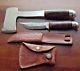 Old WESTERN Camping Hatchet Vintage Hand Axe Hunting Knife Tooled Sheaths Set A+