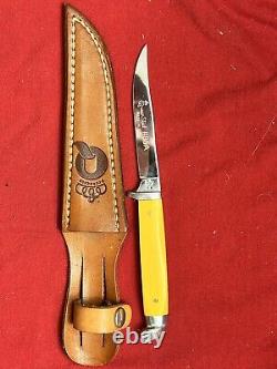 Queen Steel # 85A Fixed Blade Knife With Yellow Handle & Leather Sheathe